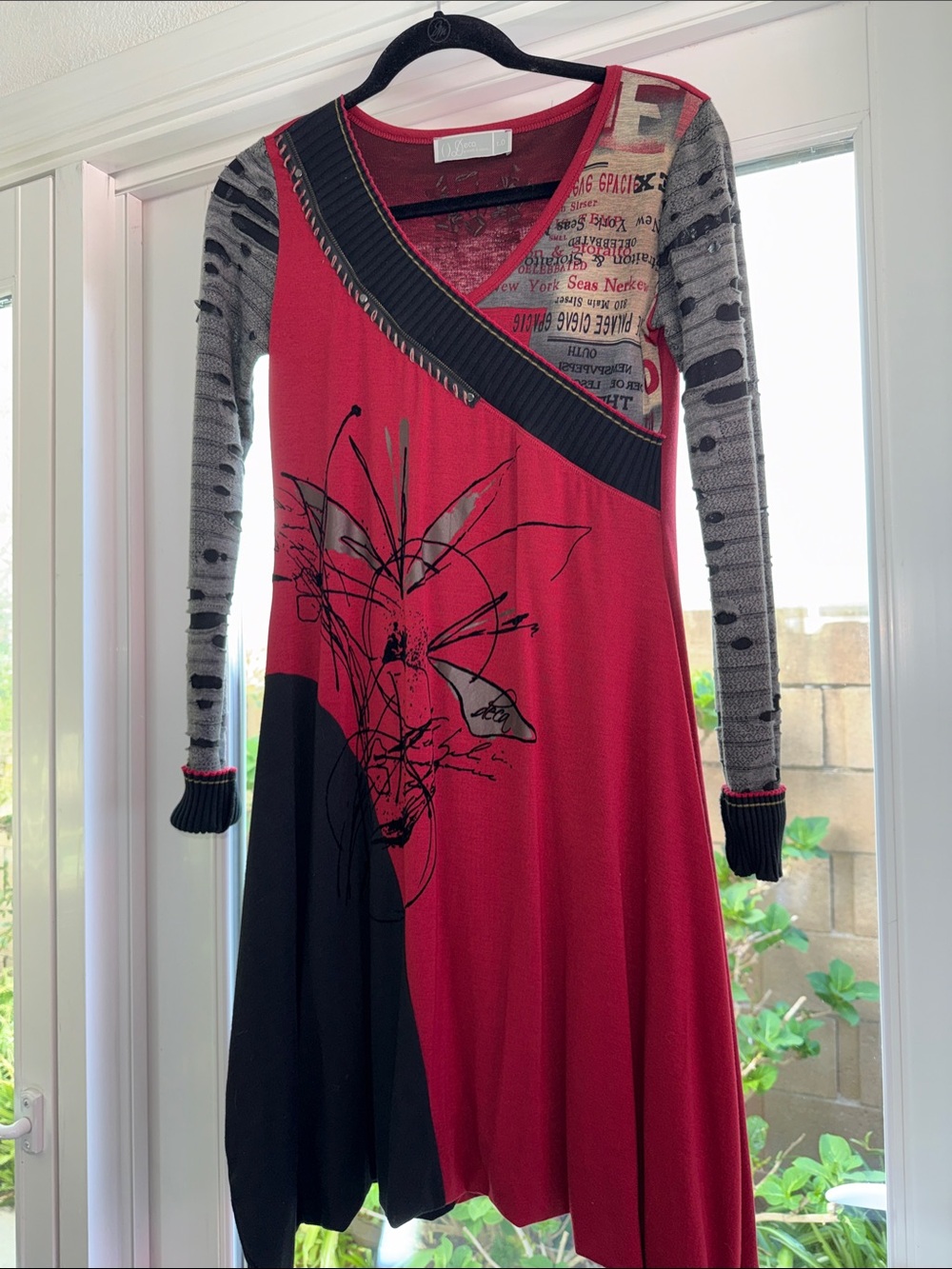 Deca Paris Asymmetrical Cherry Red and Black Long-Sleeve V-Neck Dress